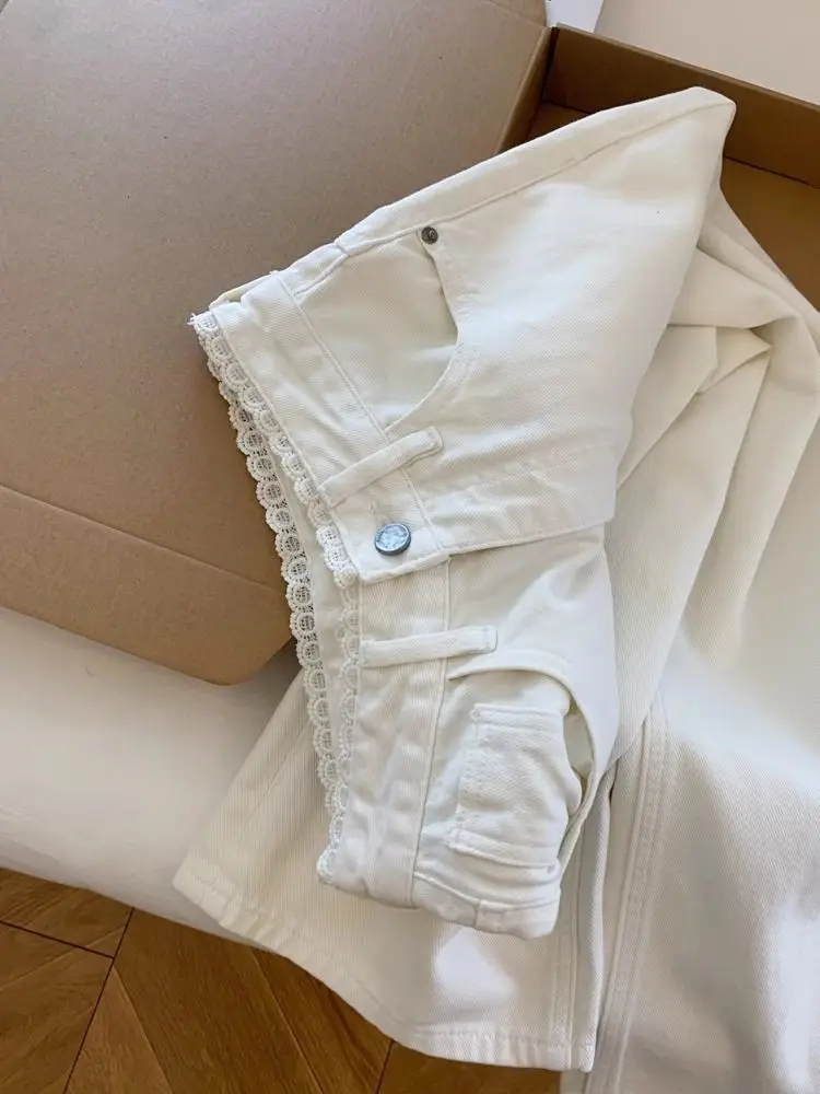 Witte Kant Getrimd Hoge Taille Jeans Voor Vrouwen 2023 Herfst Losse Casual Wijde Pijpen Denim Broek Verontruste Rechte Jean broek