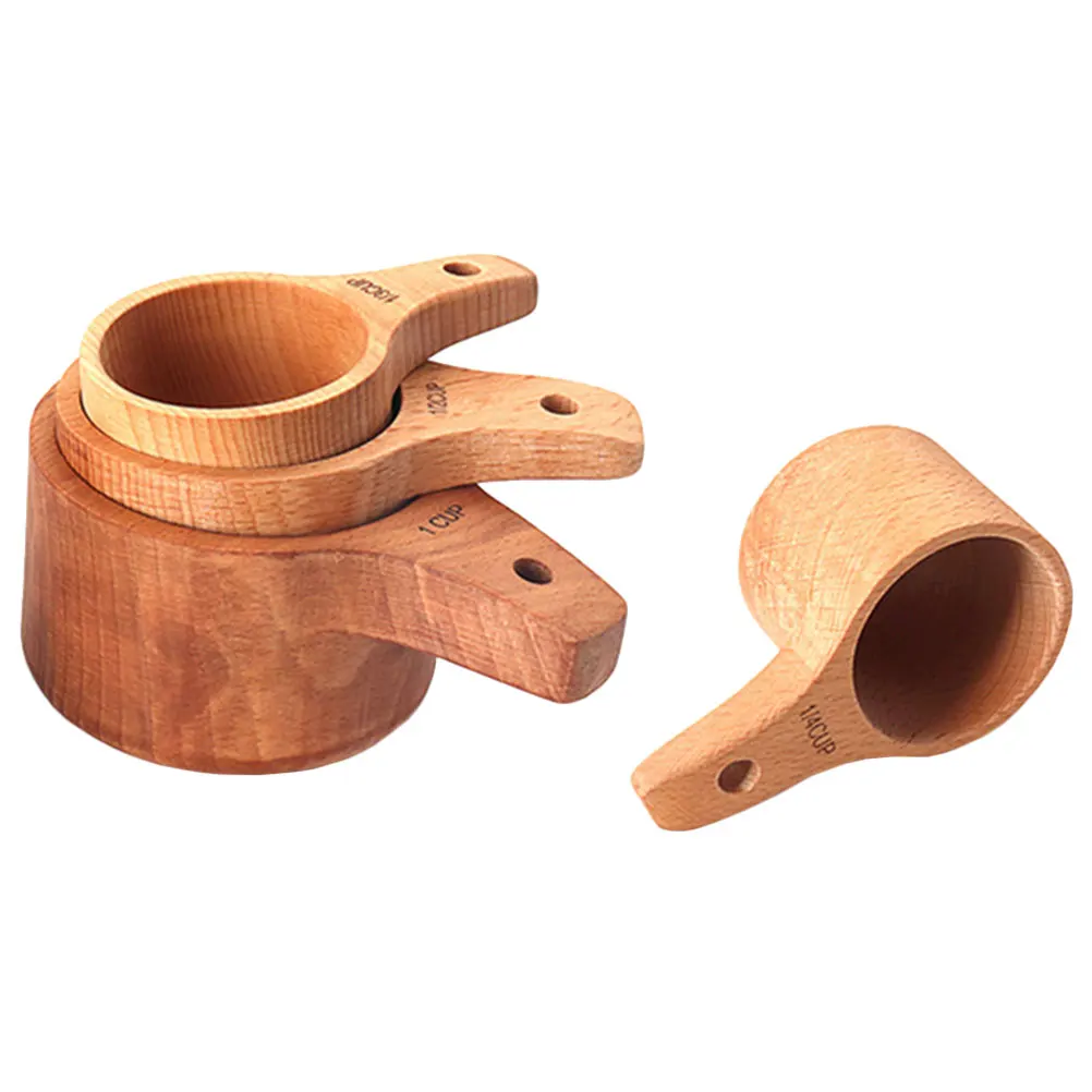 

4 Pcs Wood Measuring Cups Spoons Coffee Tea Baking Reusable Natural Safe Long Life Easy Clean Wide Uses