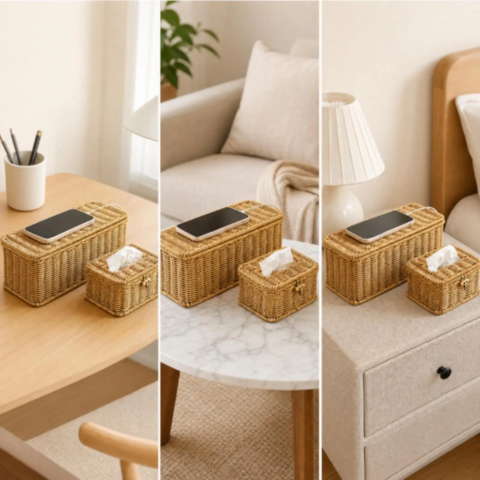 Faux Rattan Cable Organizer Case with Storage Lid for Power Cords Adapters and Matching Tissue Box for Desk Setup
