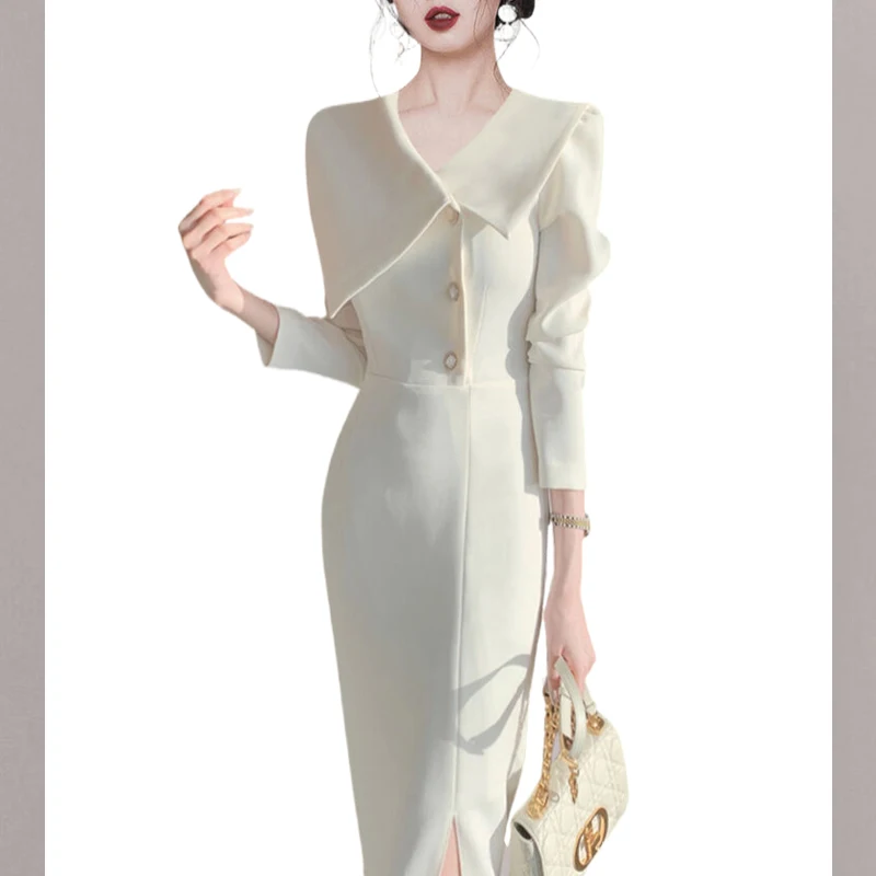 

Spring Autumn New Solid Color Midi Dress Women V-neck Fashion Long Sleeve Button Dresses Elegant Slim All-match Chic Vestidos