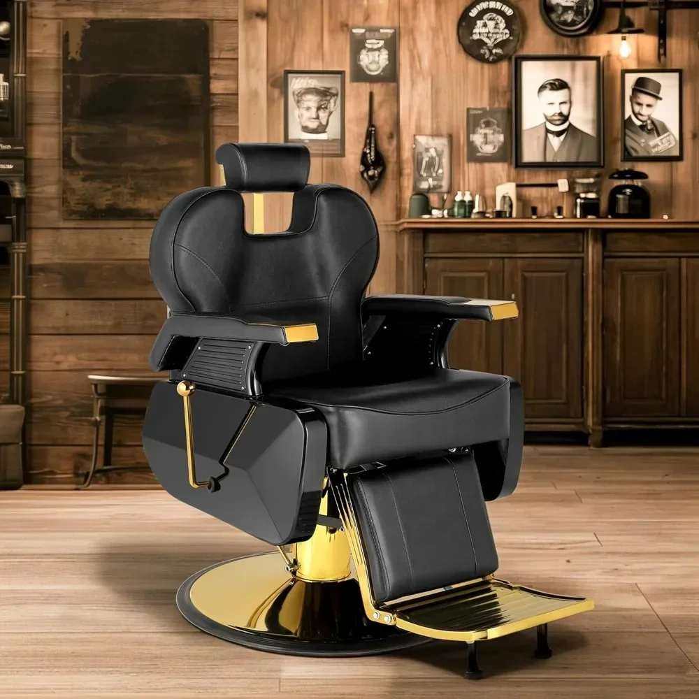 Barber Chair, Hydraulic Black Gold Reclining Barbershop Chair, All Purpose Hair Styling Chair for Beauty Shampoo Tattoo Pedicure