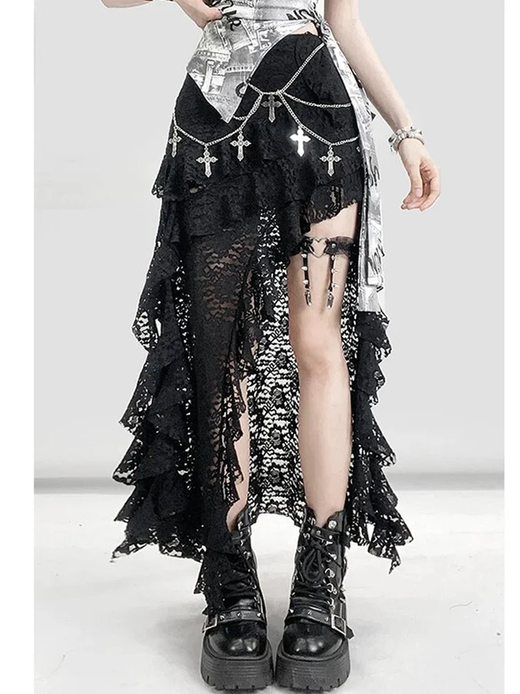 Asymmetric Black Lace Half Skirt with Slit And Pleated Design Korean Style Commute A-Line Skirt for Young Women