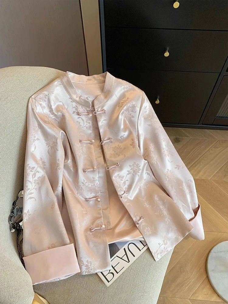 

Ele Тяжелый шелковый атласный тюре с вышивкой, мужской весенне-осенний модный антивозрастной длинный топ на пуговицах-стойке