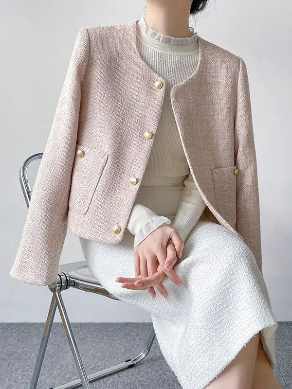 

Розовое стеганое пальто с длинными рукавами и круглым вырезом, элегантное, женственное, новинка 2025 года, модная женская верхняя одежда для весны и осени