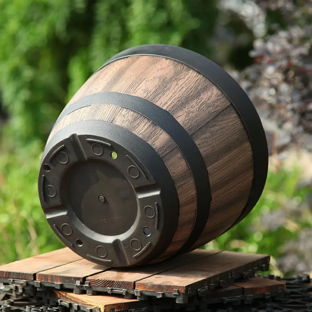 Plant Pot Faux Whiskey Barrel Shape Home Decor Plastic Indoor Outdoor Yard Patio Flowerpot for Garden
