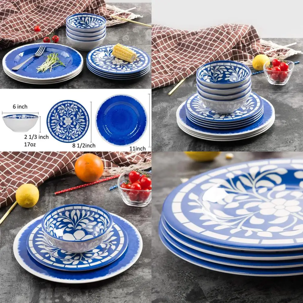 

Blue Melamine 12-Piece Dinnerware Set: 4 Plates & Bowls, Indoor/Outdoor, Dishwasher Safe