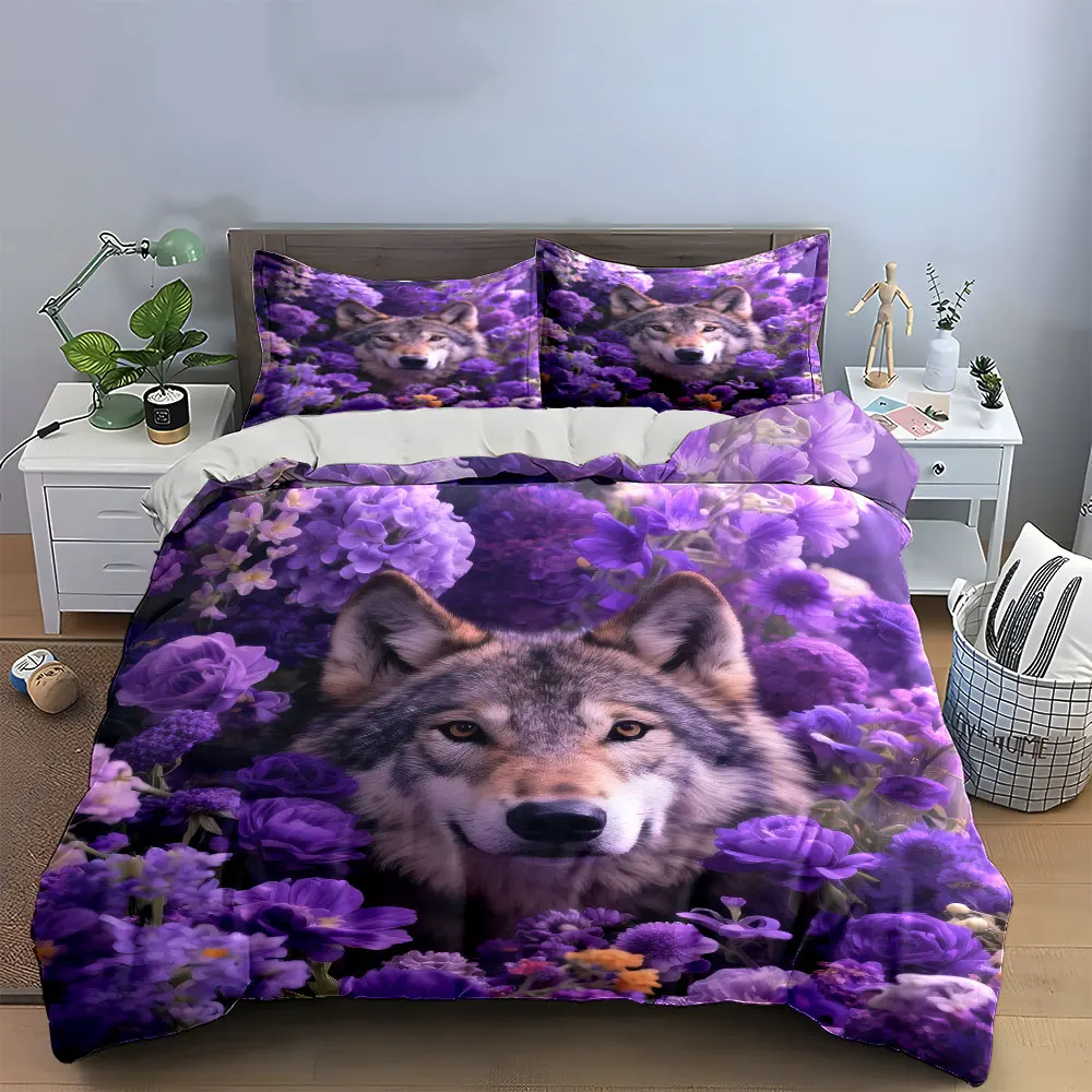 Wolf Floral Decor Set Bettwäsche-Set mit 1 Bettbezug, 2 Kissenbezügen, Einzelbett, Doppelbett, King-Size-Bett, Queen-Size-Bett, Geschenk