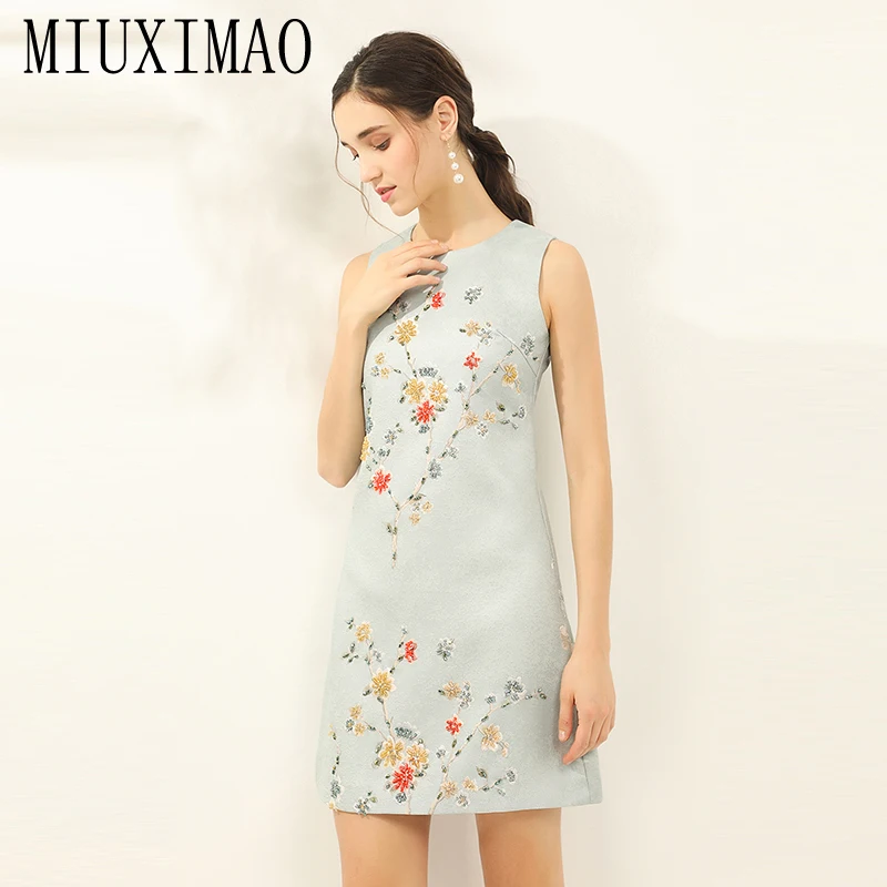 MIUXIMAO Luxury Jacquard Summer Dress Leaf Floral  Pattern A-Line Mini Short Diamonds Elegant Party Fashion Dress Women