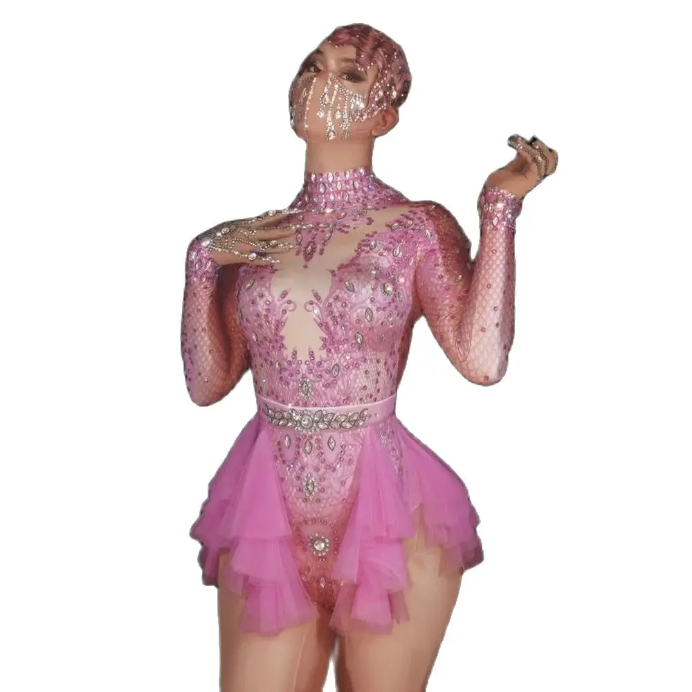 Rhinestone Sparkly Pink  Bodysuit Party Wear Women Dancer Show Club  Crystal Leotard Party Dancer Outfit