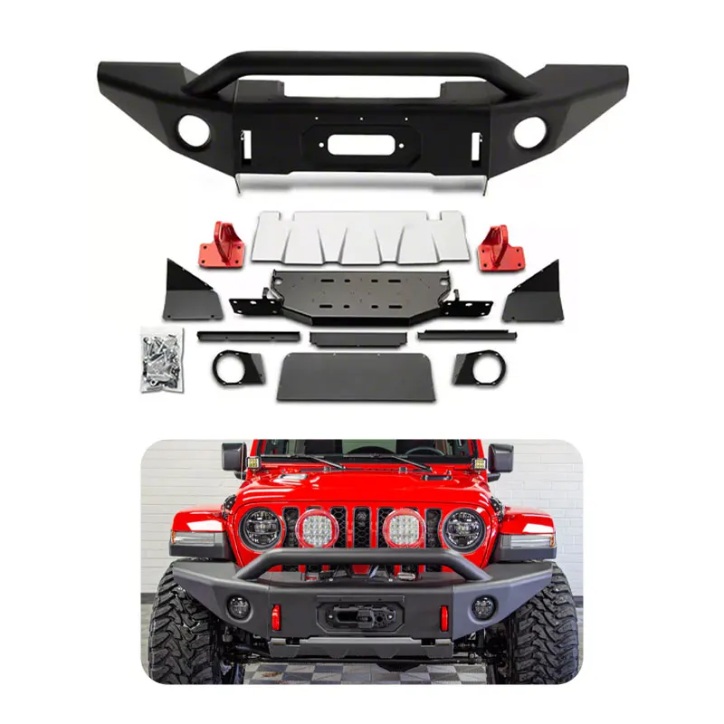 Parachoques delantero tubular de acero negro para todoterreno con soporte para cabrestante y placa protectora para Jeep Wrangler JK 07-17