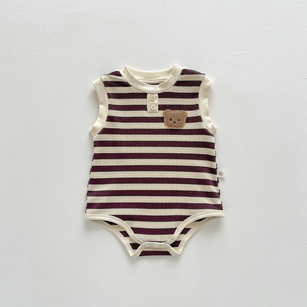 Summer Baby Bodysuit Cartoon and Stripe Pattern Button Design for 6-18 Months