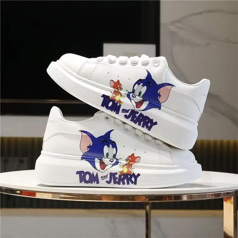 

r‌eal pictures new autumn cat and mouse cartoon plus big size fashion board shoes women canvas Casual Shoes man white flats