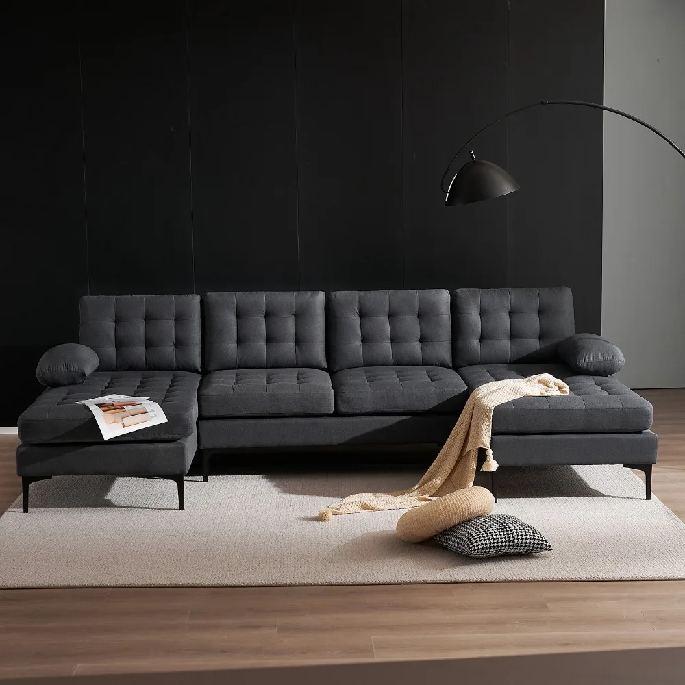 

U-shaped, Covered Pull Point Wooden Frame Iron Frame Black Feet Indoor Sectional Sofa Dark Gray, Living Room Sofas