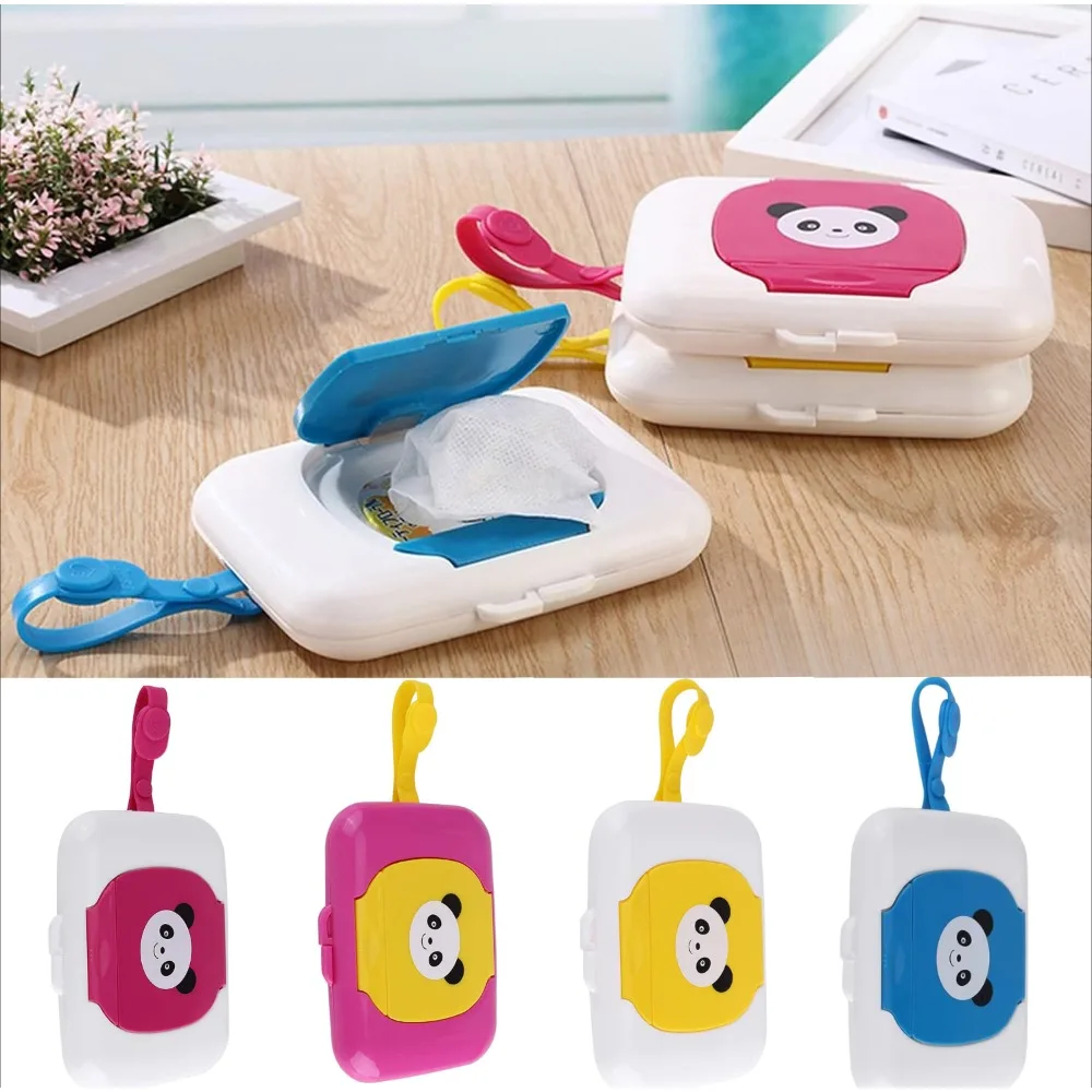 Wet Wipe Dispenser Case PP Portable Panda Design Baby Wipe Pouch Flip Lid Tissue Box with Strap for Stroller Diaper Bag Nursery