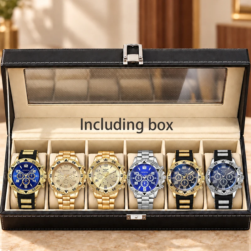 6Pcs Men Sports Quartz Wrist Watch Set With 6 Slots PU Leather Watch Box Chronograph Style Male Wristwatch Collection Gift Set