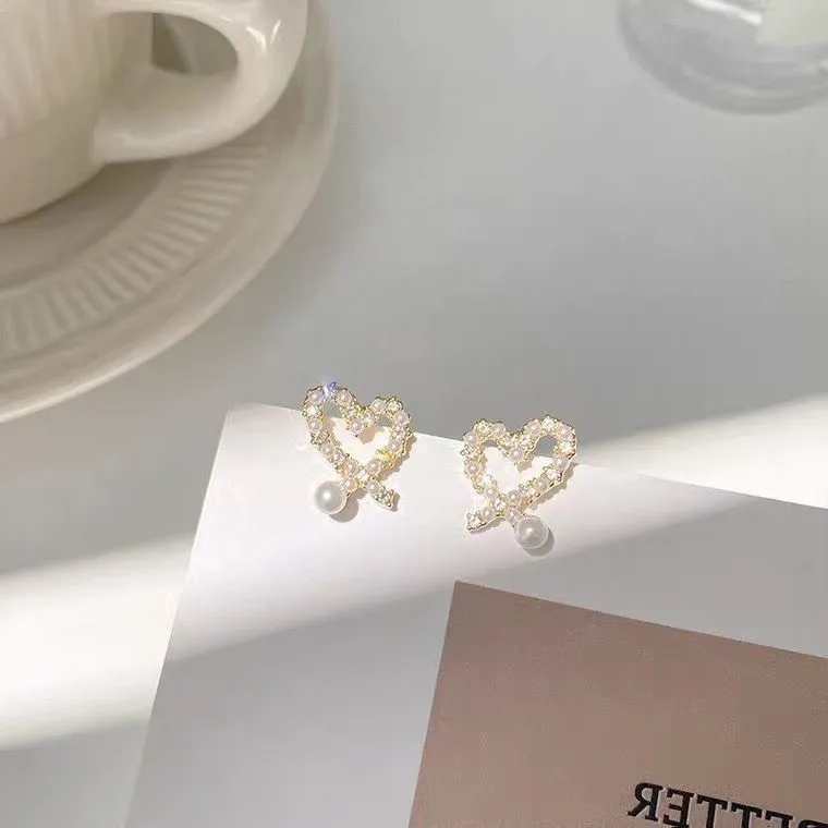 Cute Crystal Pearl Love Heart Stud Earrings For Women 2022 Korean Fashion Jewelry Wholesale Wedding Earring Boucle Oreille Femme