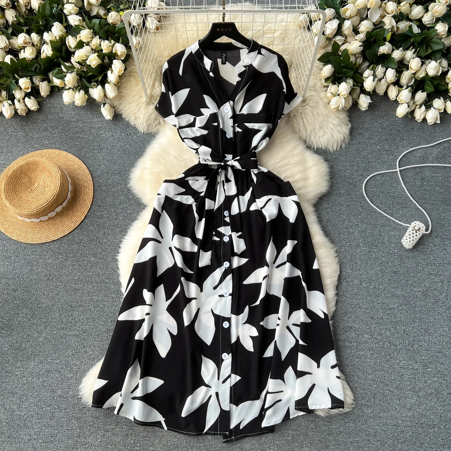 Summer Women Printed Midi Dress Vintage V-Neck Bandage Vestidos Female Elegant Pockets Single Breasted Robe Beach Vacation New