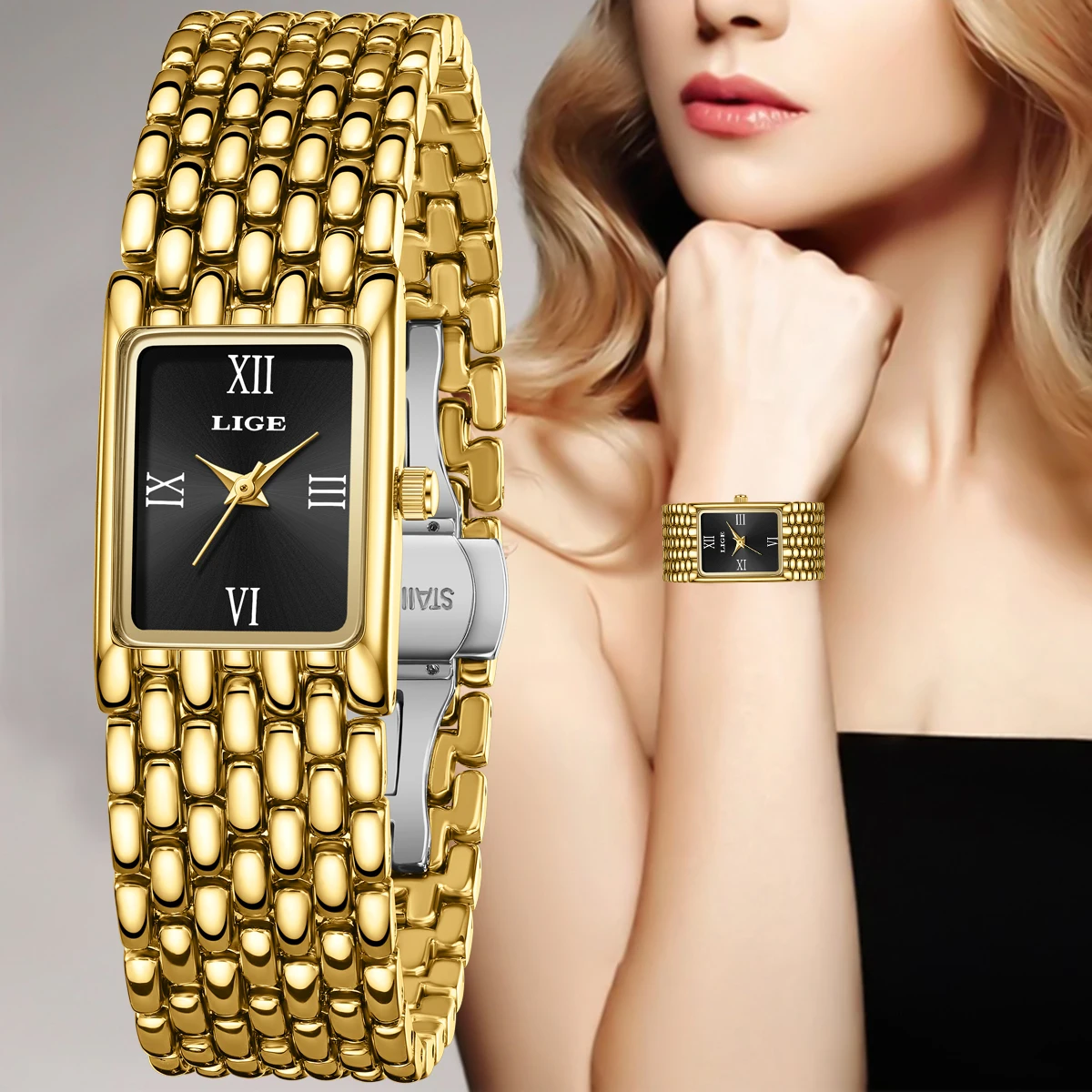 

LIGE New Creative Square Watch Women Fashion Womens watches Top Brand Luxury Waterproof Women's Quartz Wristwatch Montre Femme