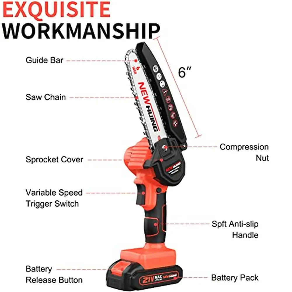 Portable Electric Chainsaw 6-Inch 21V Cordless Power Tool Kit with 2 Batteries Lightweight Handheld Tree Saw High-Efficiency