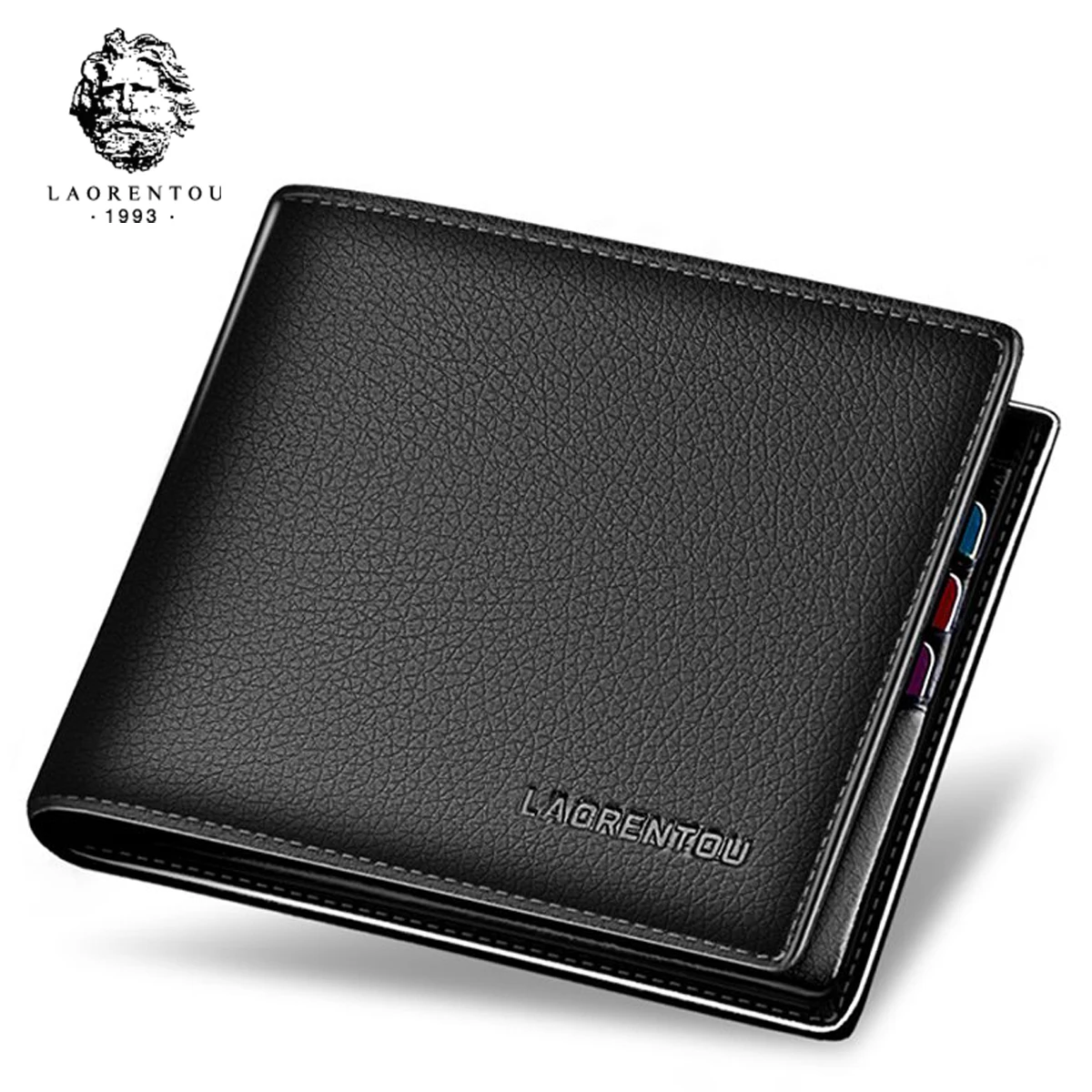 LAORENTOU Genuine Leather Men Short Wallet Card Holder with Zipper Pocket Gift for Husband, Boyfriend