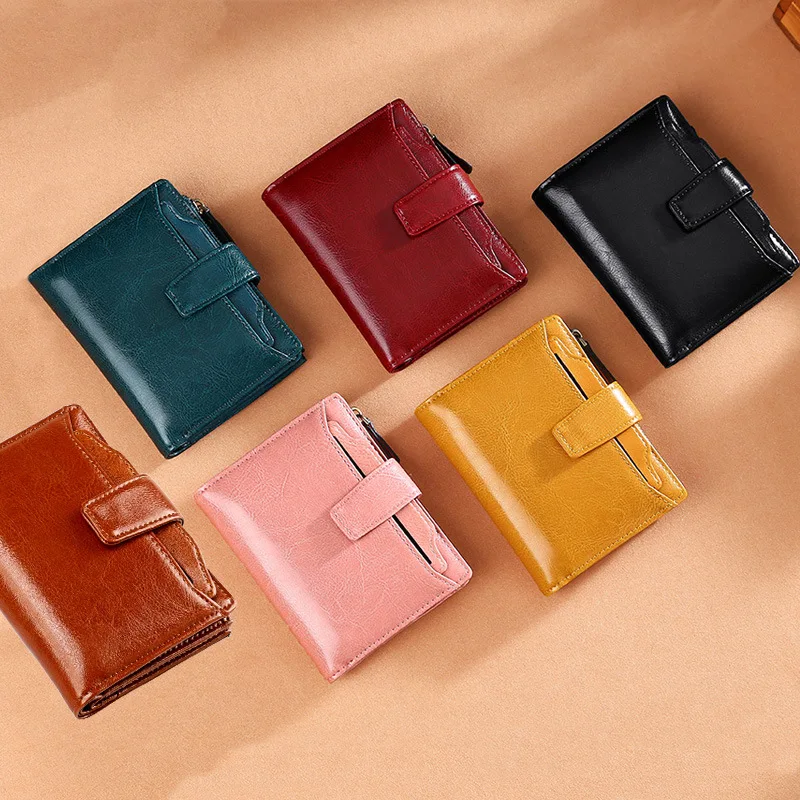 High quality genuine leather women's wallet short, multifunctional RFID women's fashion coin purse leather wallet customization