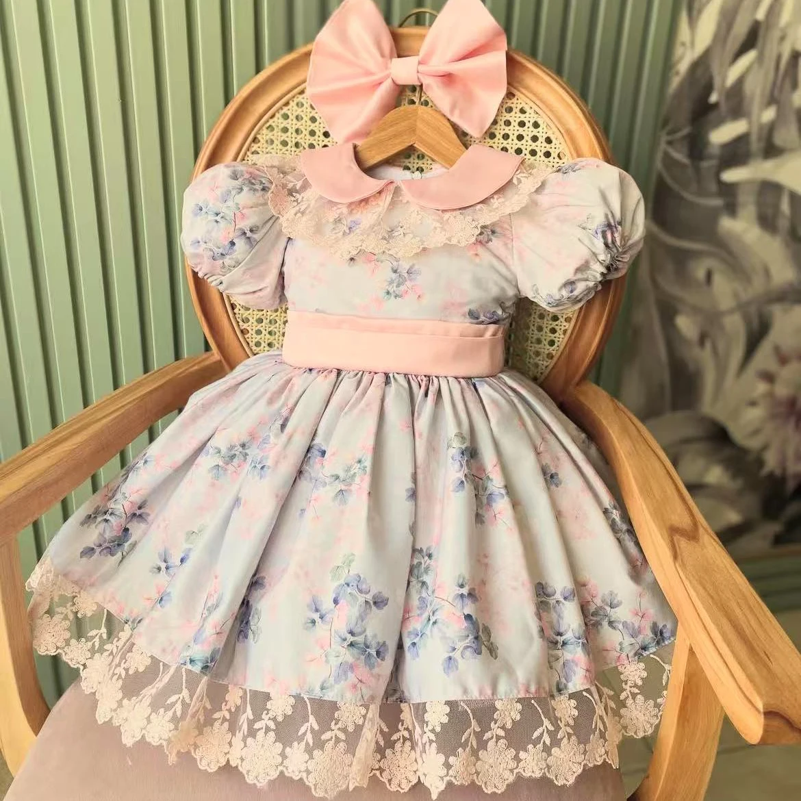 Baby Girl Summer Flower Printed Blue Turkish Vintage Lolita Princess Ball Gown Dress for Birthday Holiday Eid Photography B111