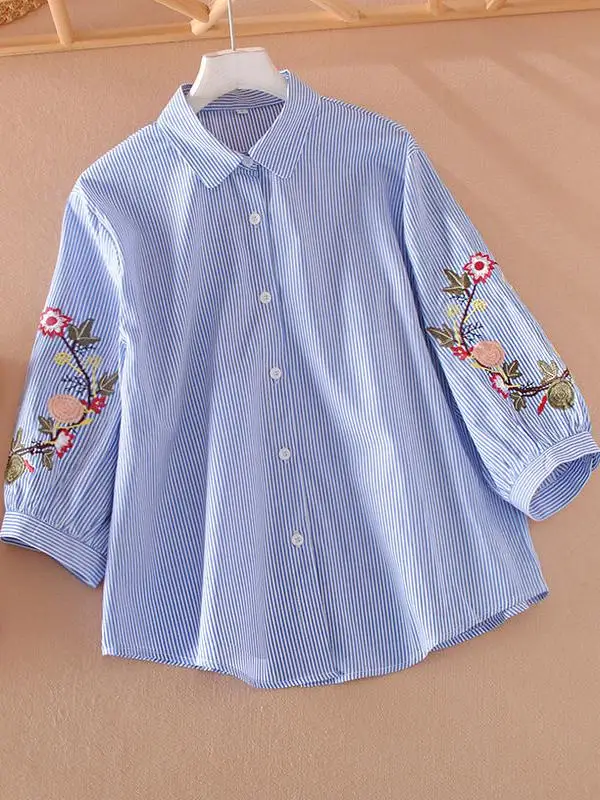 

Women's Embroidered Cotton irt Loose Fit Lantern Sve Striped Top Spring Autumn New Sle Seven Sve Commute Sle