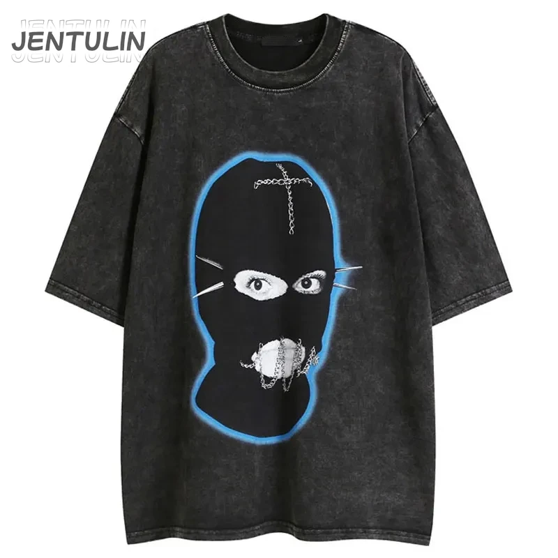 Vintage Black Grunge T Shirts Streetwear Graphic Print Washed Tshirt Y2K Hip Hop Loose Punk Gothic T-Shirt 2024 Men Harajuku Top