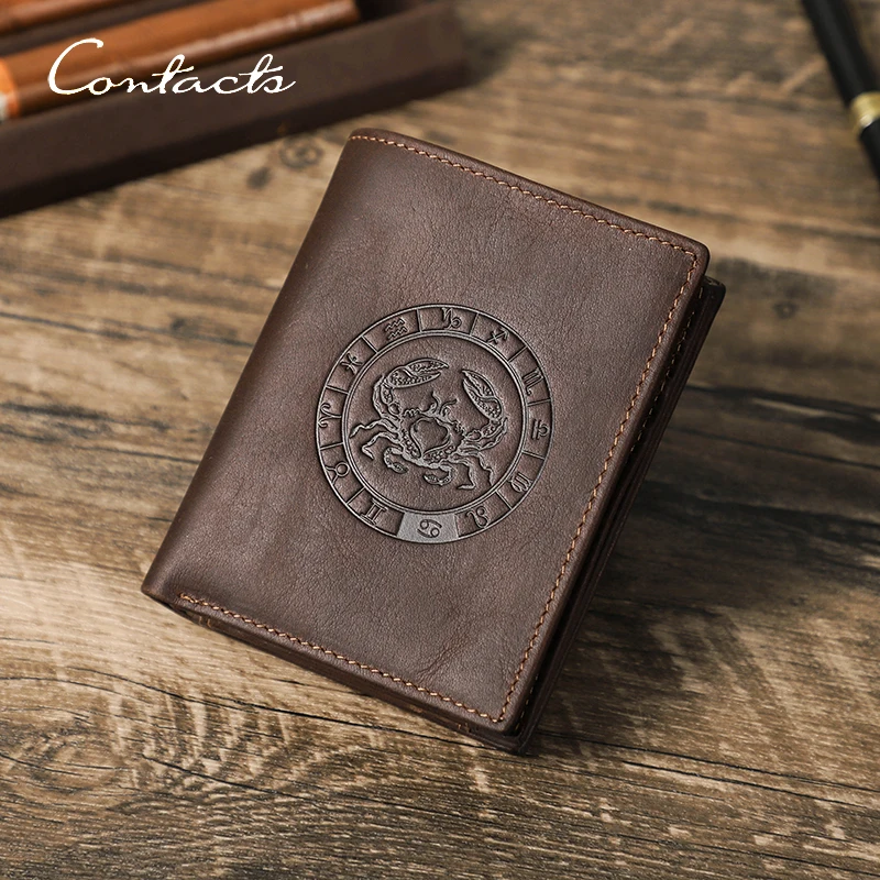 CONTACT'S Men Genuine Leather Embossing Wallets 12 Constellations Custom Logo Card Holder Coin Purse Stamping Zodiacs Money Clip