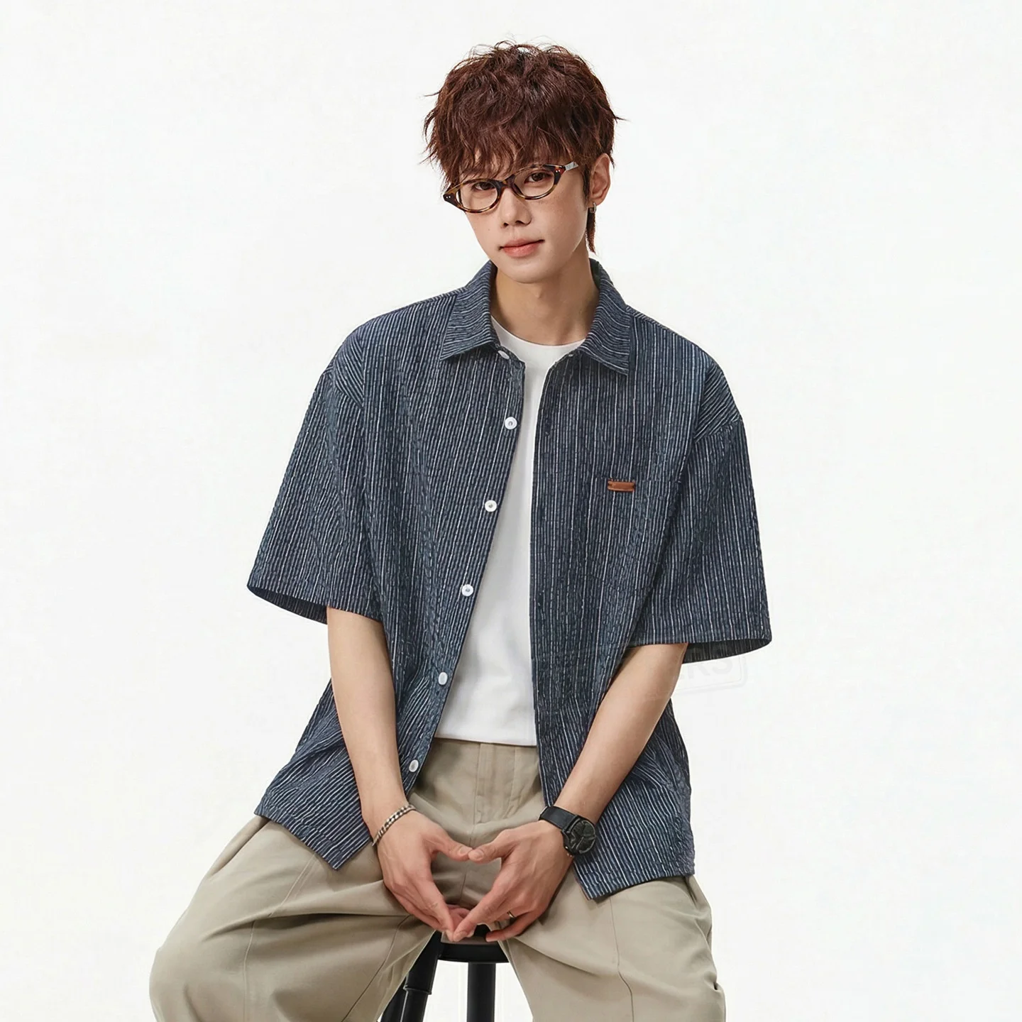 

TFETTERS 2026 Spring Summer Fashion Men's Striped Shirt Vintage striped half Sleeve Turn-down Collar Oversized Loose Male Tops