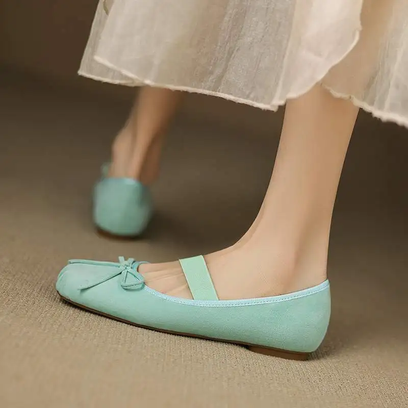 Krazing Pot Sheep Suede Ballet Dance Shoes Square Toe Sweet Modern Dating Slip On Mary Janes Shallow Butterfly-knot Women Flats