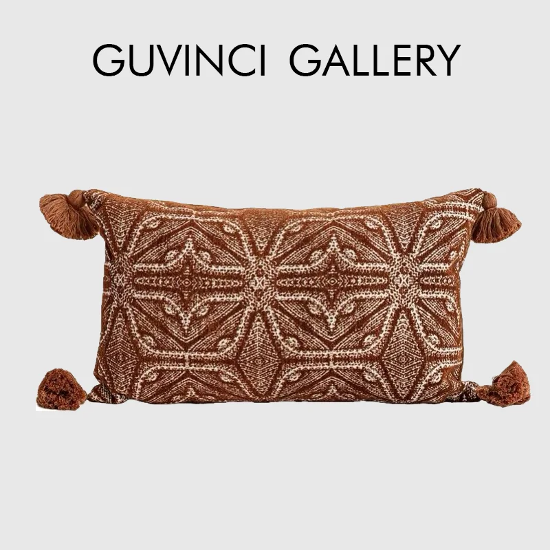 GUVINCI Modern Aztec Inspired Geometric Embroidery Lumbar Pillow Cover Luxury Handmade Retro Burnt Orange Cushion Case 30x50cm