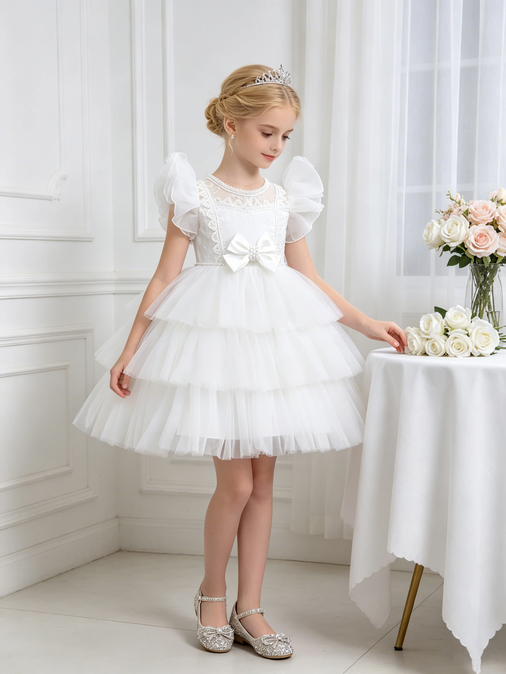 Girls Princess Dress Layered Tulle Lace Puff Sleeve Bow 3-8T Kids Birthday Wedding Flower Girl Party Pageant Gown
