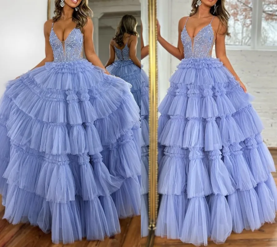 

2024 Beading Sequins Banquet Dress Exquisite Elegant Spaghetti Strap Prom Party Ball Gown Layered Draped Tulle Evening Dresses