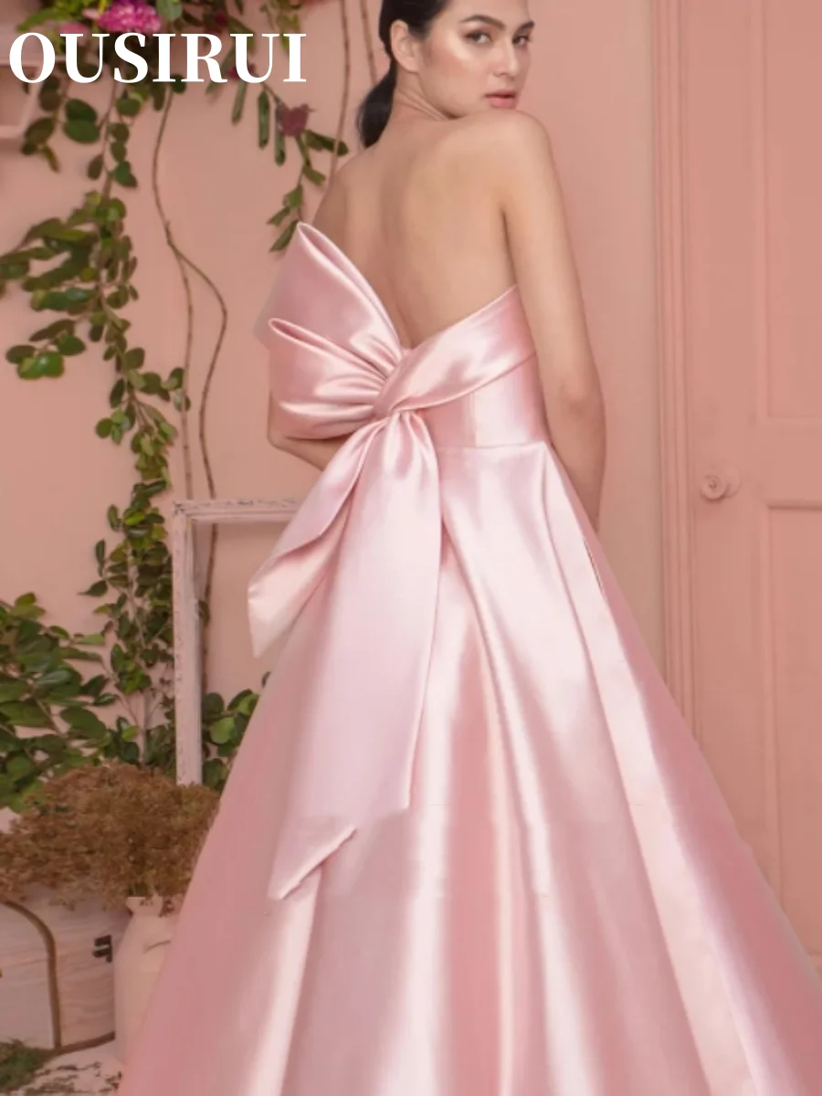 OUSIRUI 2024 Formal Party Gowns Strapless Big Bow Back Long Bridesmaid Prom Dress Simple Pearls Pink Satin Evening Dresses