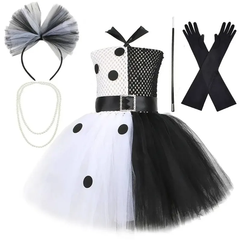 Dalmatians Dog Costumes for Girls Black White Cruella Halloween Fancy Dress Kids Spotted Dog Outfit Children Carnival Tutus Set