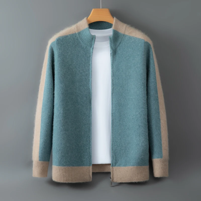 Korean Clothes Autumn Winter Sweater Men's Coat 100% Merino Wool Sweater Cardigan Knitted Jacket Thicked Zip Spliced Outerwears