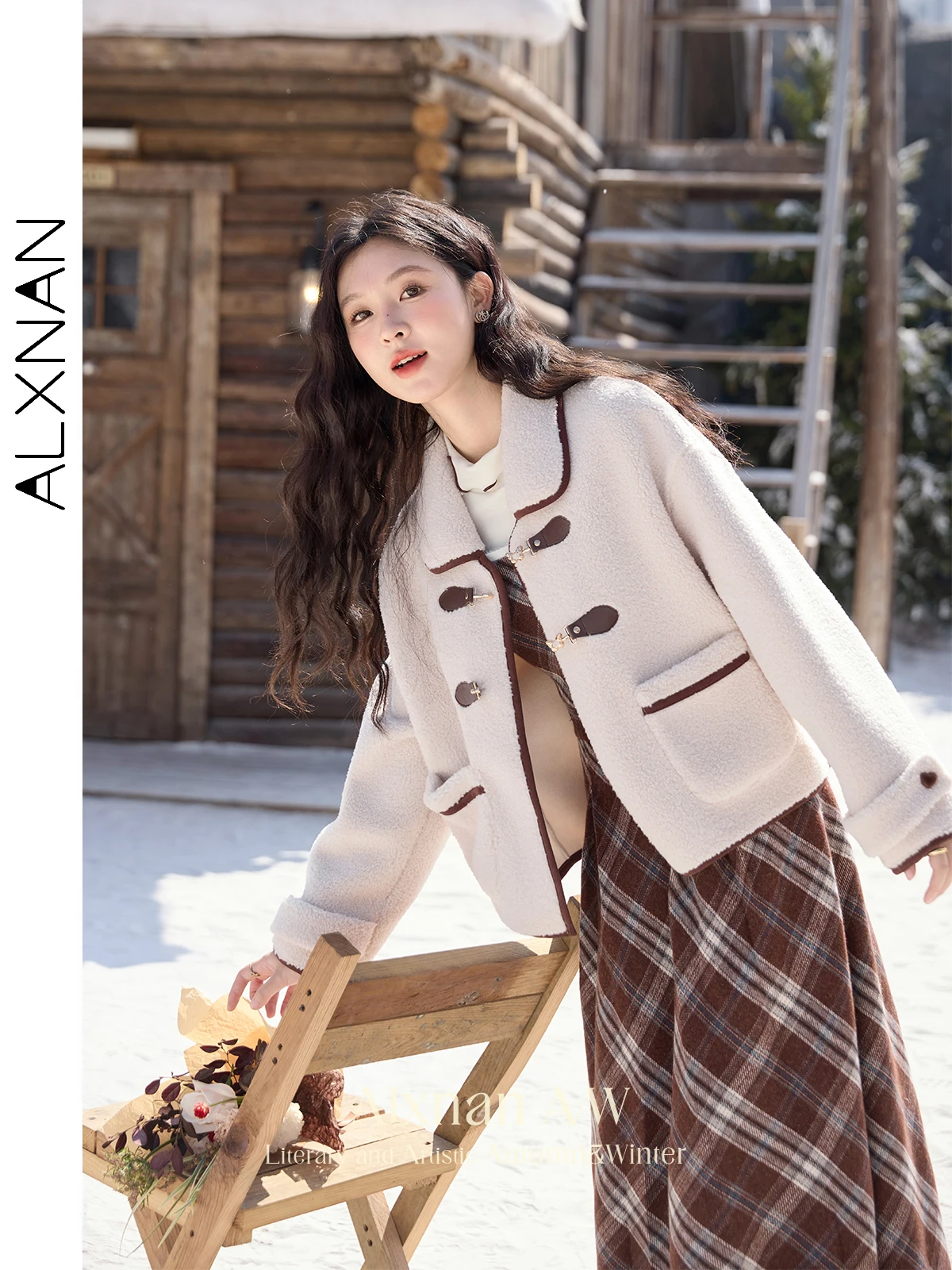 ALXNAN Women Lamb Wool Jackets Winter Warm Lapel Collar Metal Butterfly Button Coats 2024 Long Sleeve Thickness Outerwear L52386