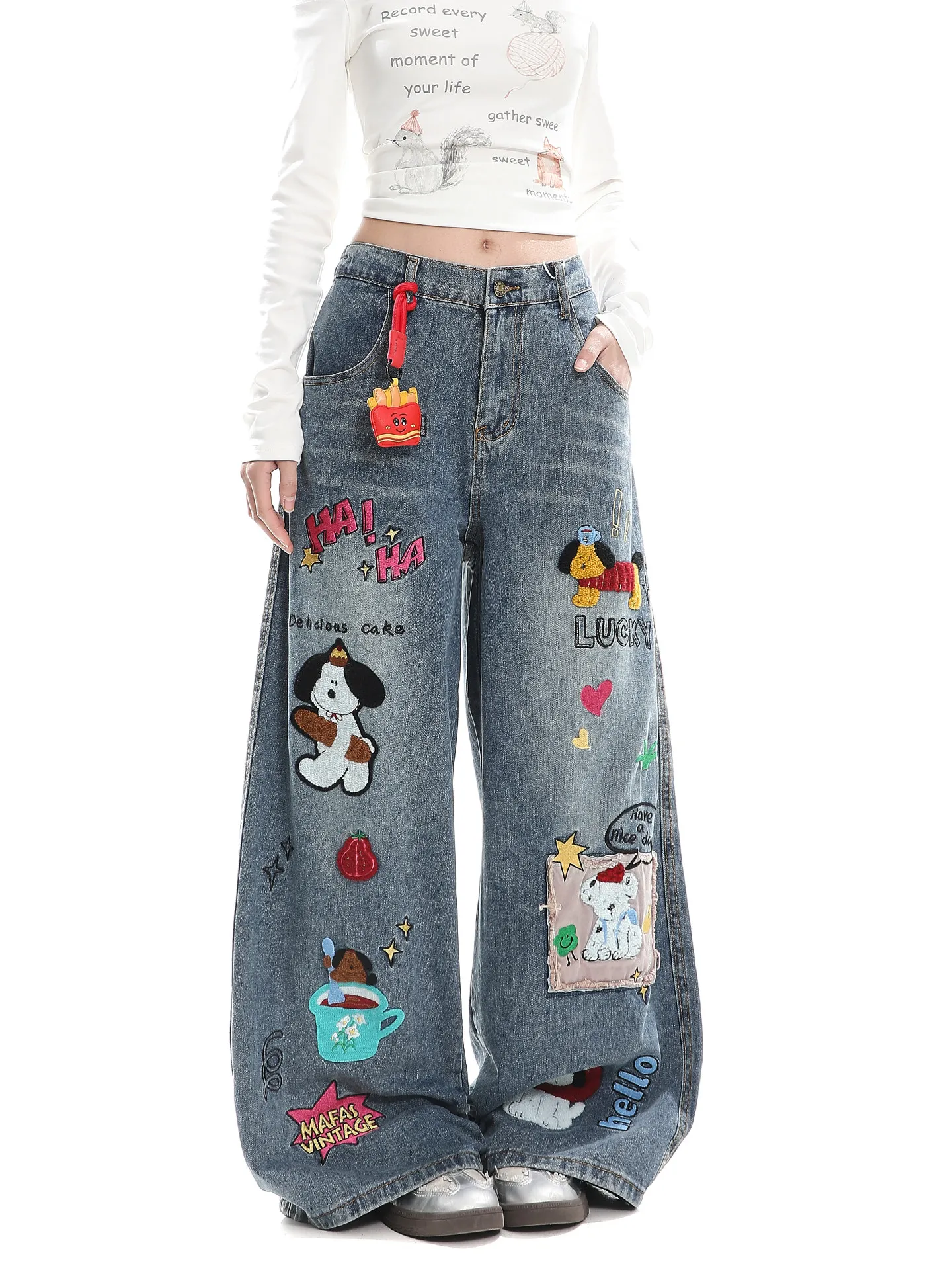 American Style Retro Cartoon Embroidery Jeans Loose Fit Vertical Slimming Wide Leg Long Pants for Women Spring Season