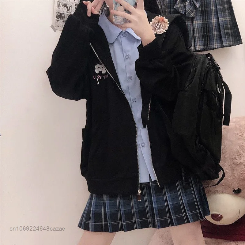 Sanrio Kuromi Spring Clothes Y2k Japan Trend Tops Hooded Cartoon Black Sweatshrts Women Loose Thin Zip Hoodies Female Clothing