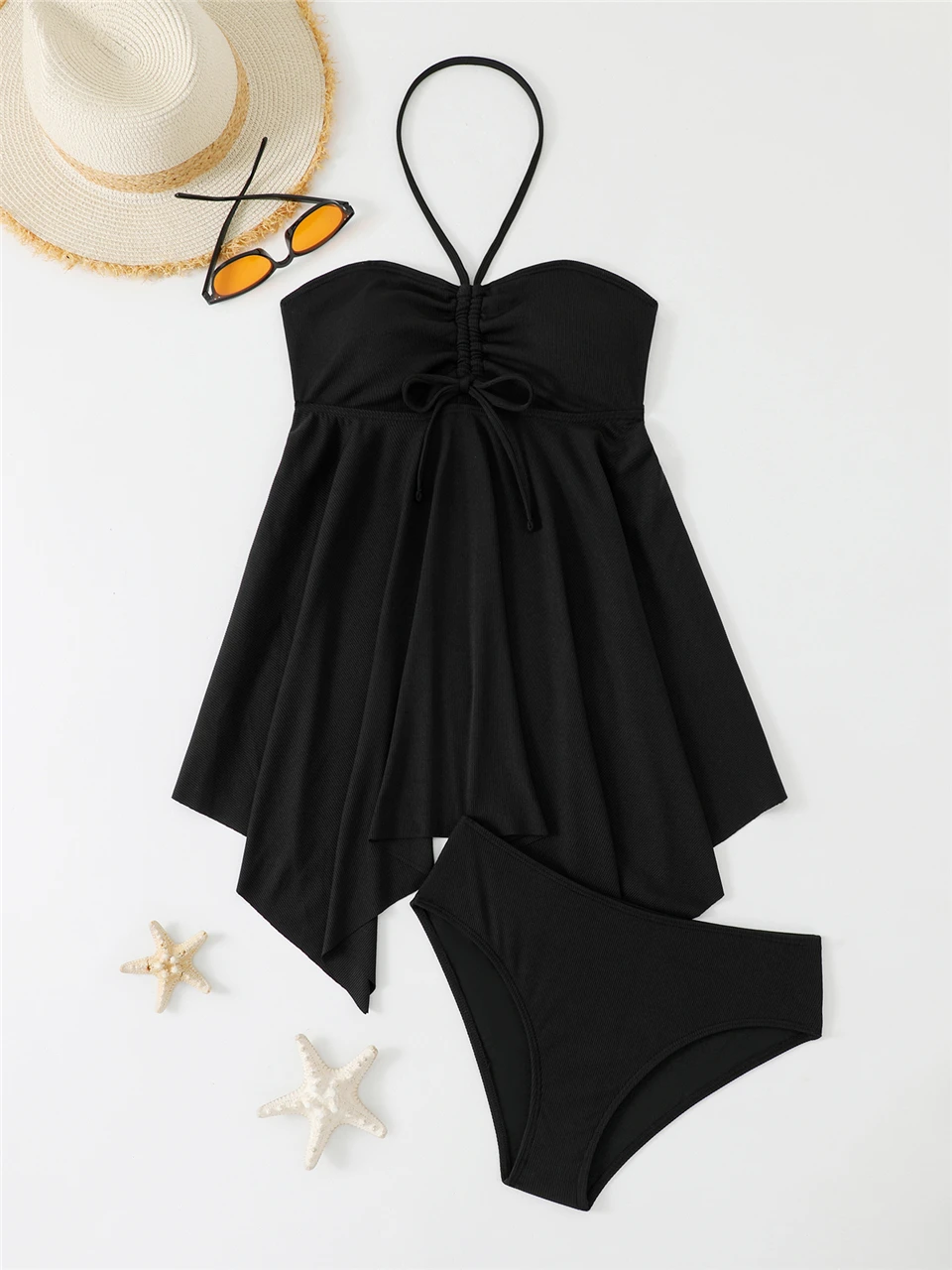 

Two Pieces Drawstring Front Tankini Skirt 2026 Women Halter Swimwear Summer Solid Beachwear Female Vacation Swimming Swimsuit