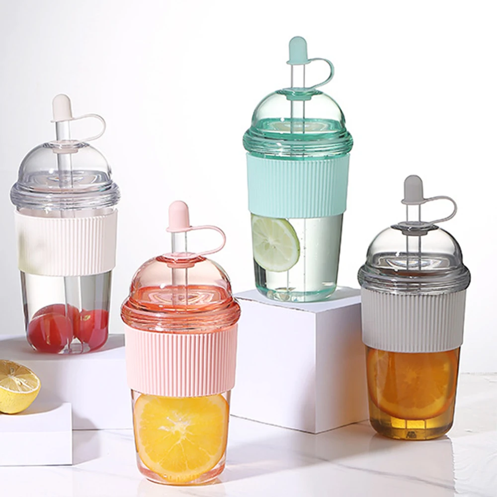 1pc 430ml Portable Flip Straw Cup Plastics Ins Style High-Capacity Water Bottles Tea Coffee Milk Heat-Resistant Juice Jelly Cups
