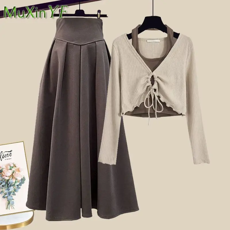 

Women's Fashion Long Sleeve Halter Top Blouse+Dress 2 Set 2024 Spring Autumn New in Matching Sets Korean Chic Midi Skirt Suit