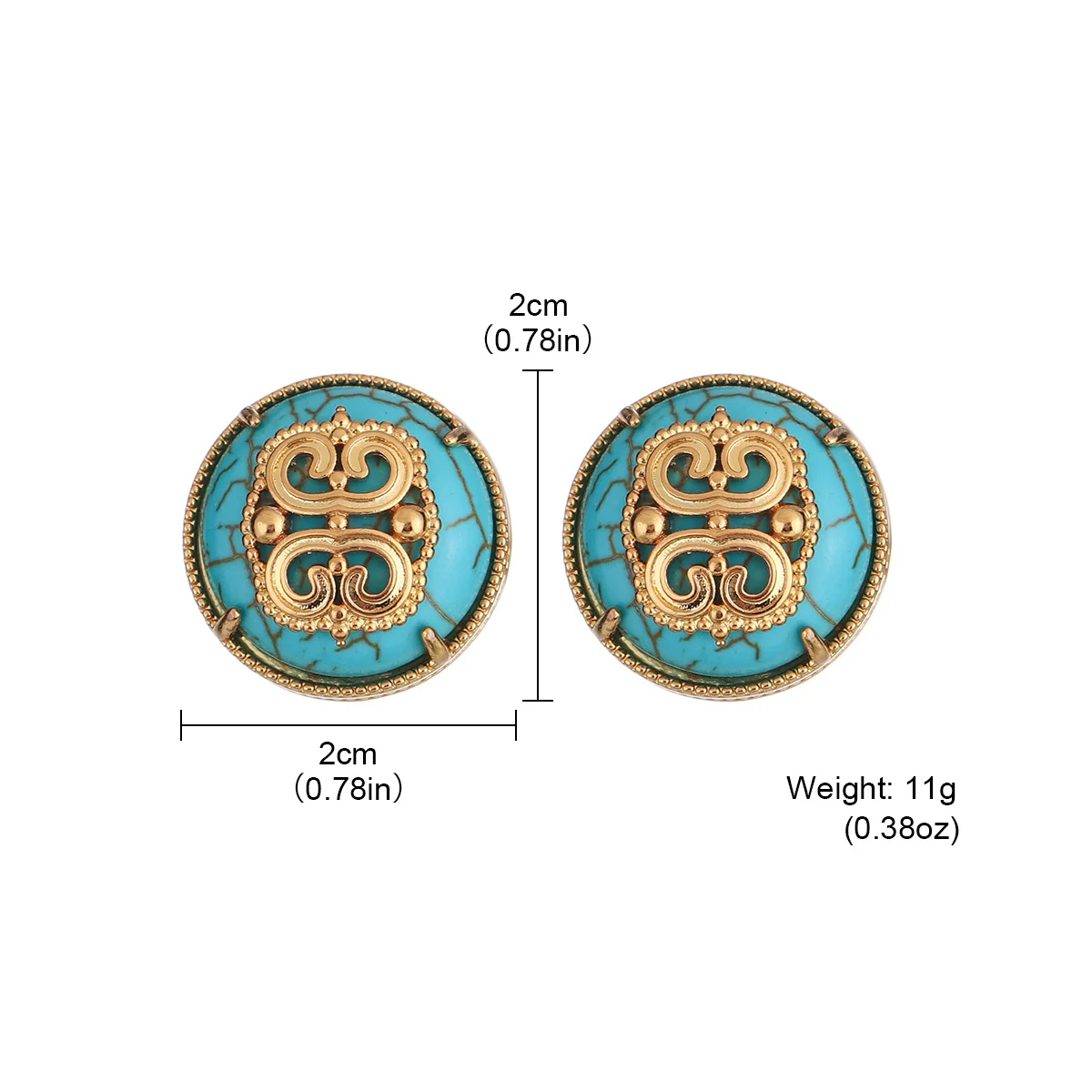 Vintage Turquoise Stud Earrings for Women - 18K Gold Plated Round Ethnic Jewelry Elegent Birthday Daily Female Ear Charm