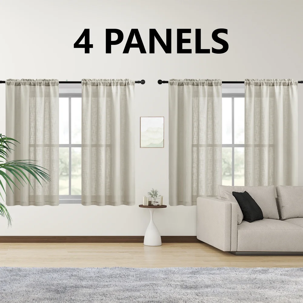 4PCS Natural Semi Sheer Artificial Linen Curtains Nature Brown White Light Filtering Living Room Panels Back Tab And Rod Pocket