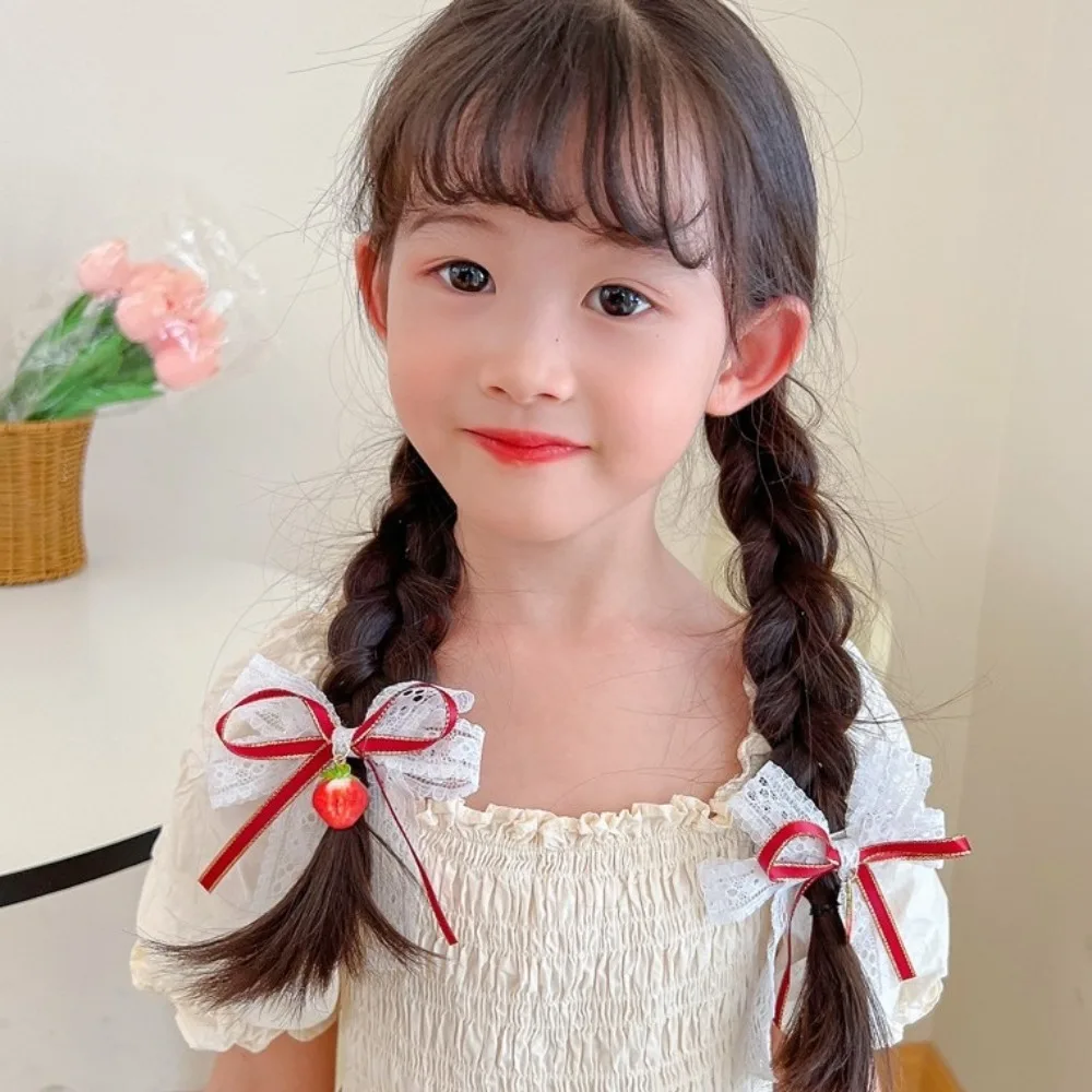 1pair Cute Red Cherry Hair Clip Cloth Bow Headflower Strawberry Side Hairpins Barrettes Headwear Bow Hairpins Girls