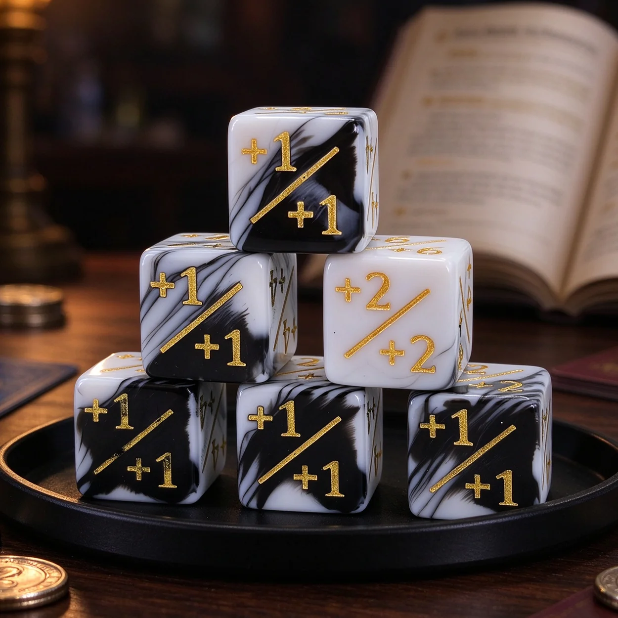 MTG +1/+1 -1/-1 Counter Dice, Marble Swirl Gold Engraved D6 Plus Minus Token Dice for TCG Card Game