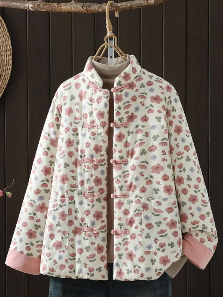 

Хлопковая куртка в стиле ретро с цветочным принтом, женская зимняя антивозрастная китайская теплая хлопковая верхняя одежда на пуговицах