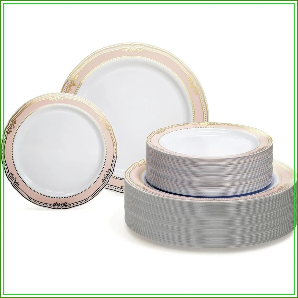 240 Fancy White Blush Gold Disposable Plates for 120 Guests Party Dinnerware