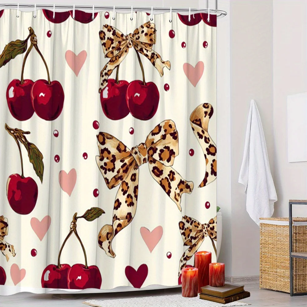 cherry and leopard bow shower curtain sweet wild art design for fashion bathroom decor with hooks Enhance spatial aesthetics